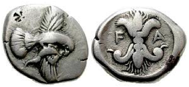 AR Statere di Elis (ø 22 mm - g 11,44), coniato forse nello stesso Santuario di Olimpia attorno al 450 a.C.