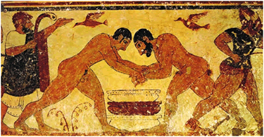 Lottatori nella Tomba degli Auguri a Tarquinia (520 a.C.)
