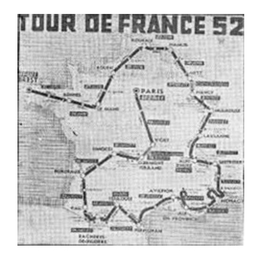 Il percorso del Tour 1952 in una cartina d'epoca